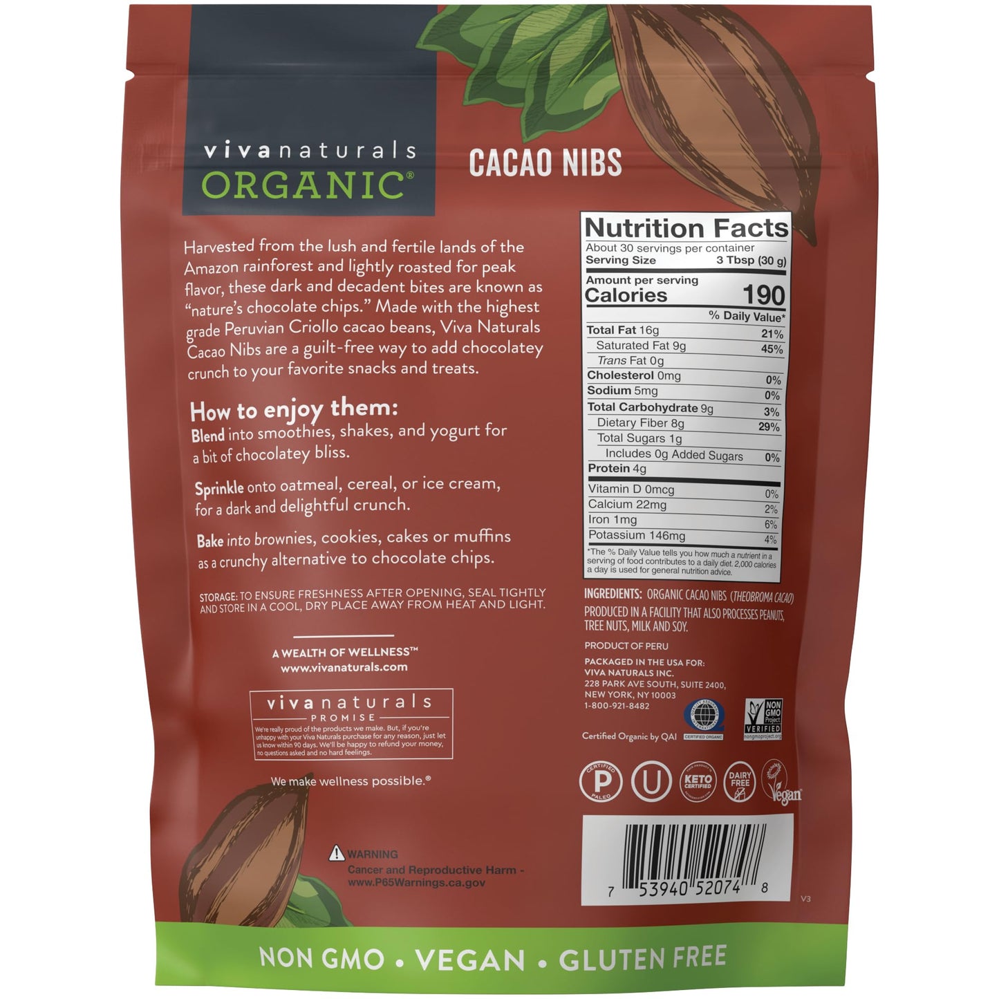 Viva Naturals Organic Cacao Nibs, 1 Lb - Certified Keto and Vegan Superfood, Perfect for Gluten Free Baking, Cacao Nib Smoothies and Healthy Snacks, Premium Criollo Beans, Non-GMO