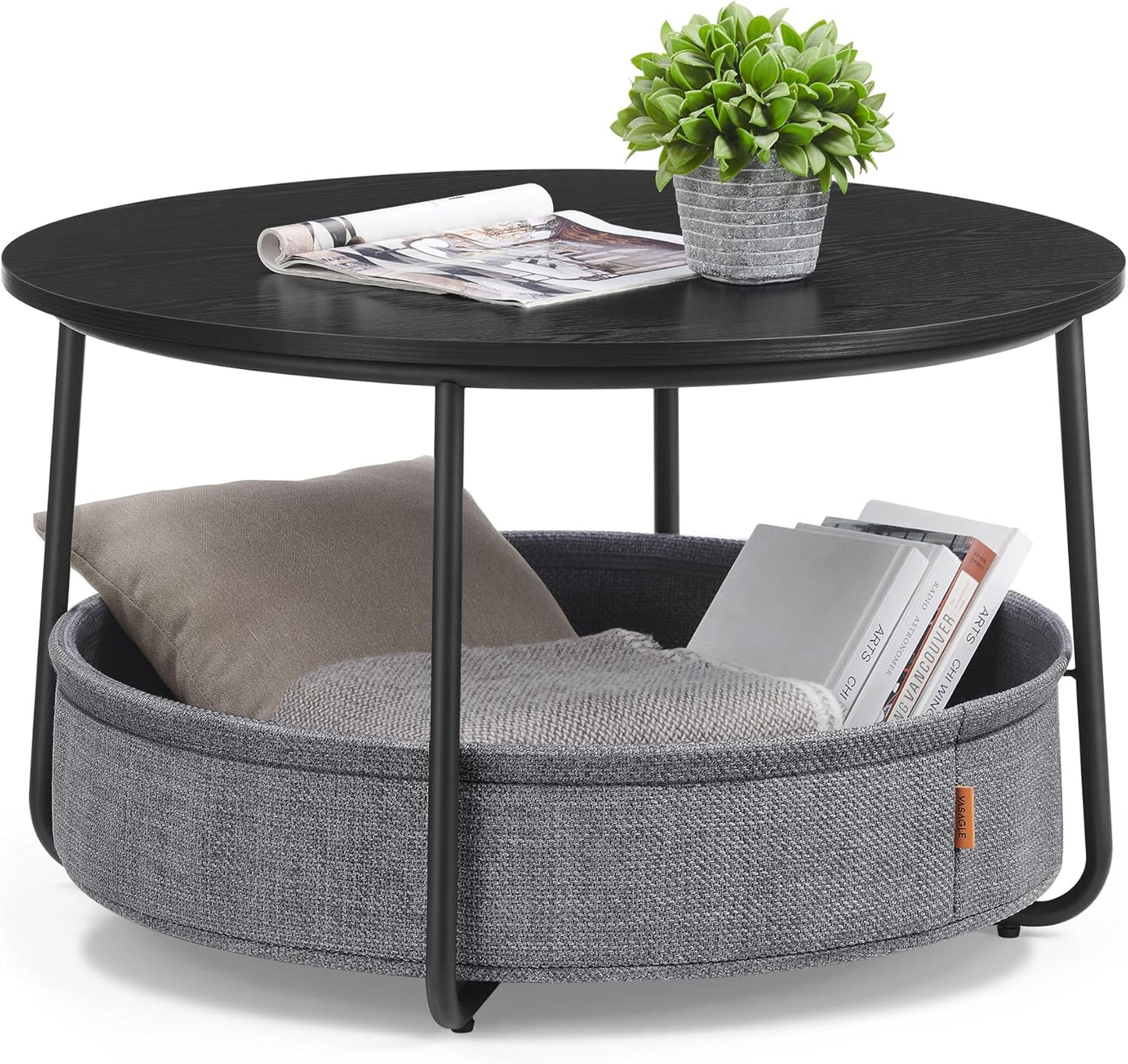 VASAGLE Coffee Table with Storage, Round Center Table for Living Room with Fabric Basket, Modern Style, Metal Frame, Ink Black and Slate Gray ULCT244B56