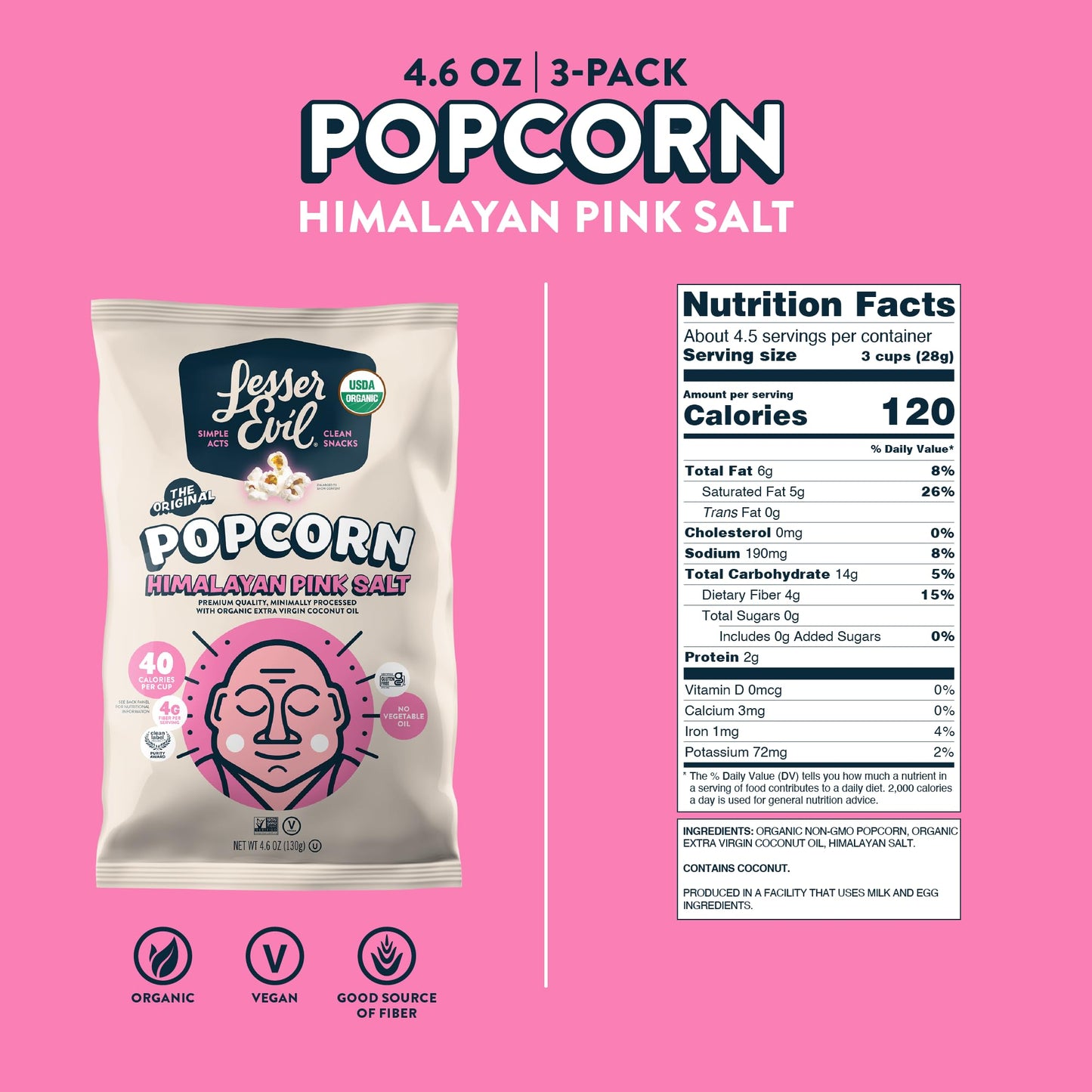 LesserEvil Himalayan Pink Salt Organic Popcorn, Premium Quality, Minimally Processed, No Vegetable Oil, 0.46 Oz, Pack of 24