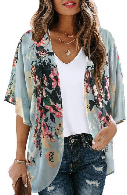 Women's Floral Print Puff Sleeve Kimono Cardigan Loose Cover Up Casual Blouse Tops