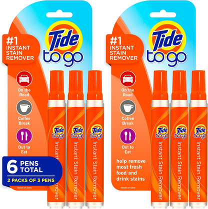 Tide Pen Stain Remover for Clothes, To Go Pen, Instant Stain Remover Pen & Spot Cleaner, Portable & Travel-Friendly, Works on Food & Drink Stains, Fits in Purses & Bags, 3 Count (Pack of 2)