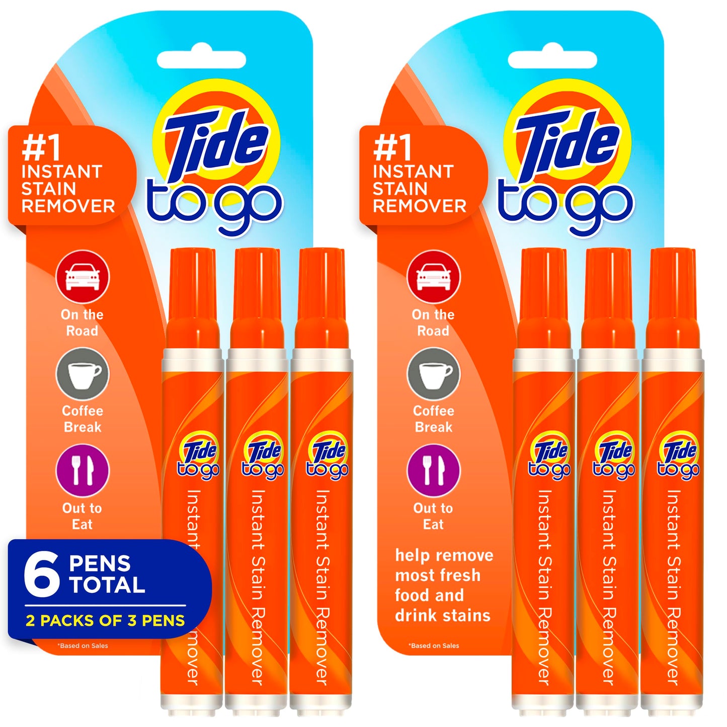 Tide Pen Stain Remover for Clothes, To Go Pen, Instant Stain Remover Pen & Spot Cleaner, Portable & Travel-Friendly, Works on Food & Drink Stains, Fits in Purses & Bags, 3 Count (Pack of 2)