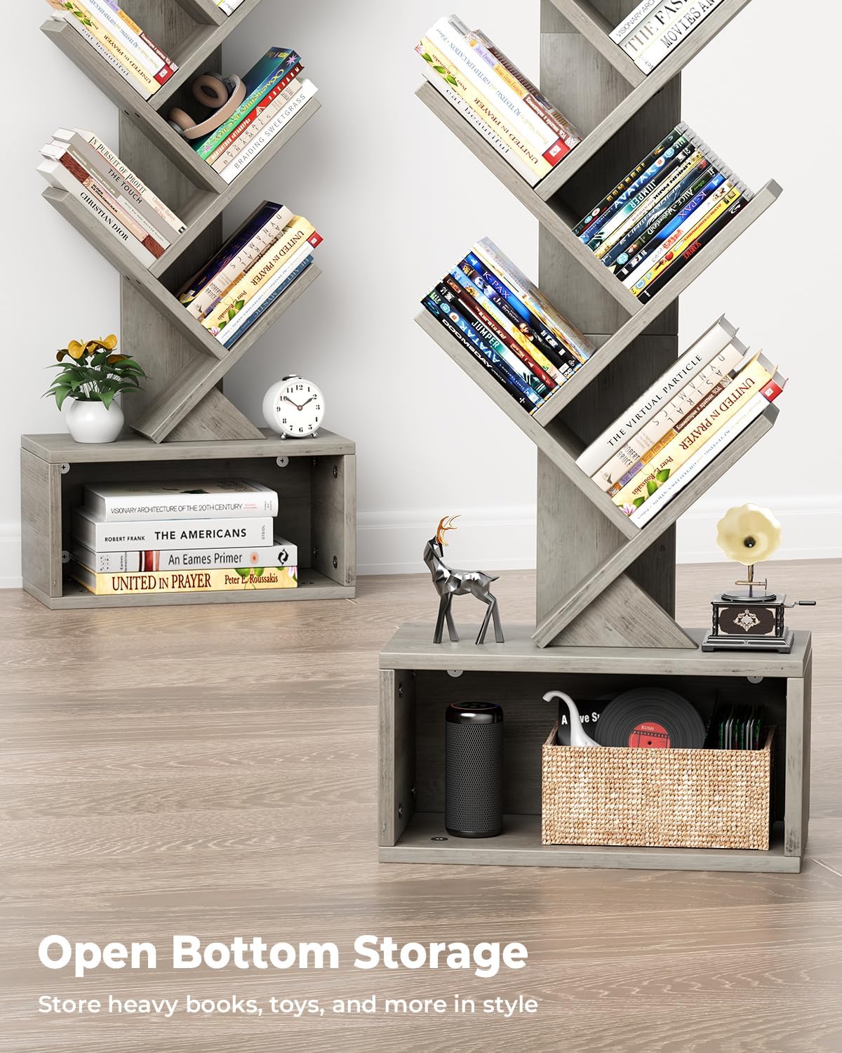 6 Tier Tree Bookshelf with Light, Small Bookcase Tower for Books/CDs/Movies, Sturdy Tall Floor Standing Book Organizer with Storage Cabinet for Living Room, Bedroom and Home Office, Gray