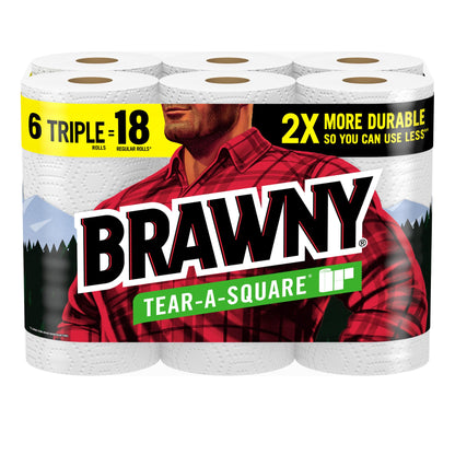 Brawny Tear-A-Square Paper Towels, 6 Triple Rolls = 18 Regular Rolls, 3 Sheet Sizes (Quarter, Half, Full), Strength for All Messes, Cleanups, and Meal Prep