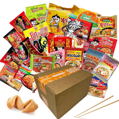 FOODIE BOXX Asian Instant Ramen Noodles Variety Pack with Cookies & Chopsticks (Dry)