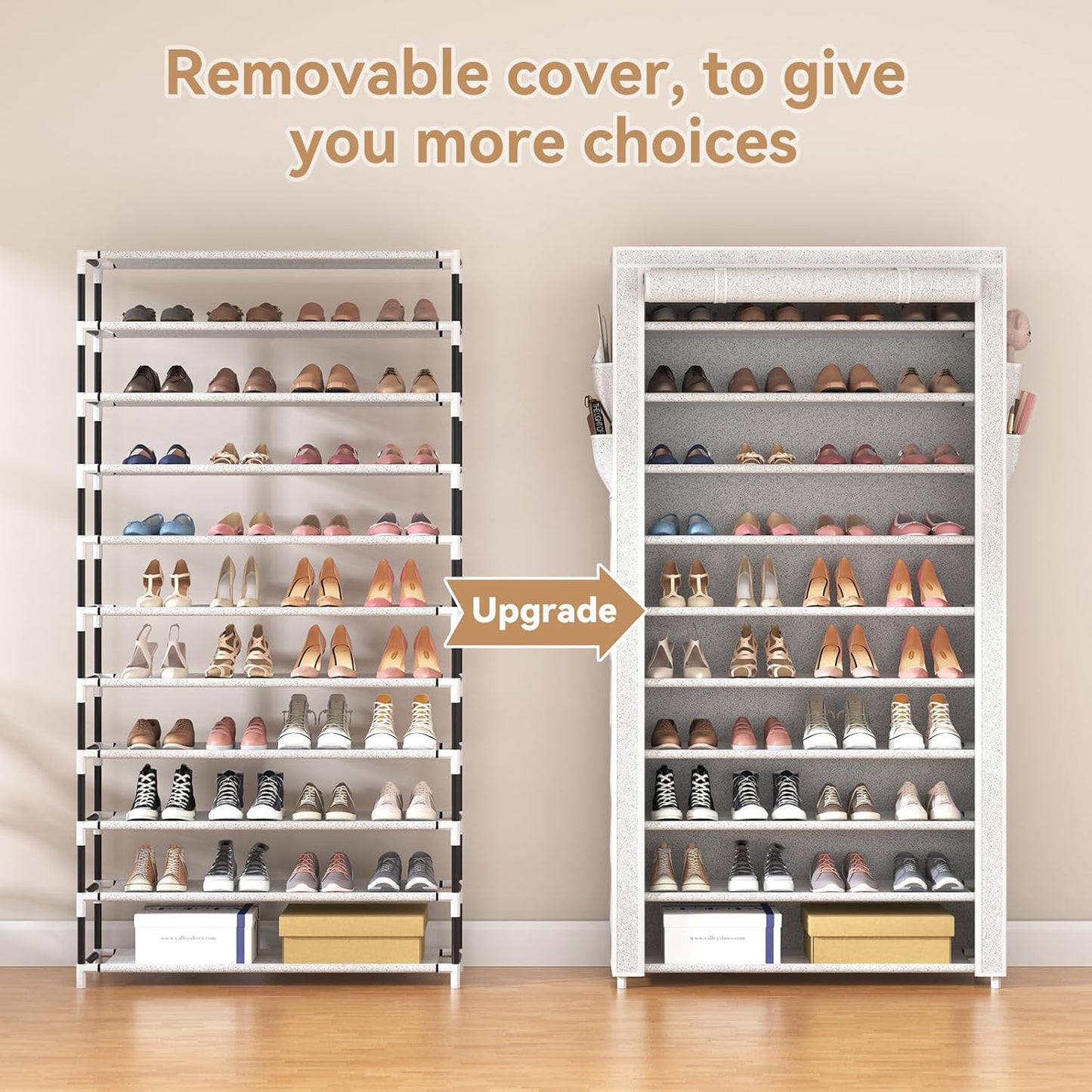 ROJASOP 10 Tier Shoe Rack with Covers Large Capacity Stackable Tall Shoe Shelf Storage for 50-55 Pairs Shoe and Boot, Sturdy Free Standing Shoe Rack Organizer for Closet, Entryway, Bedroom