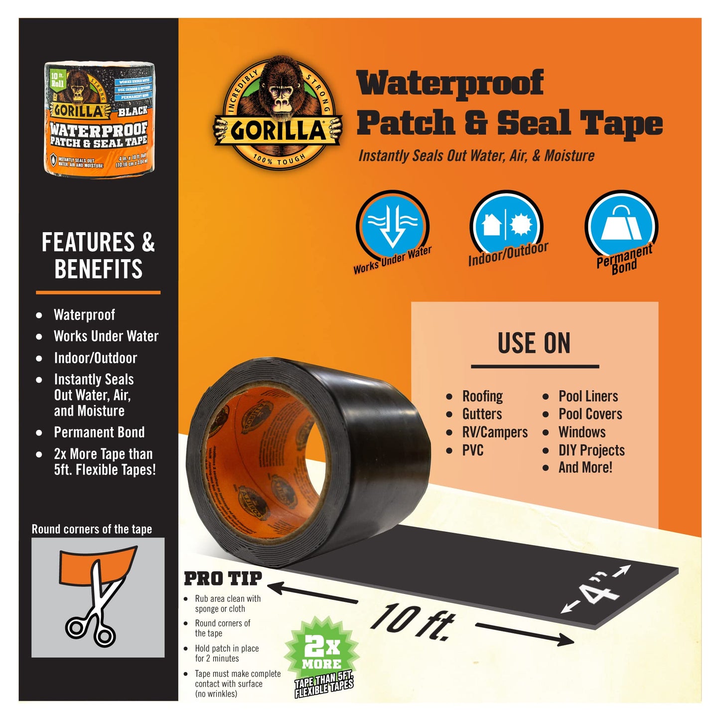 Gorilla Waterproof Patch & Seal Tape 4" x 10' Black, (Pack of 1)