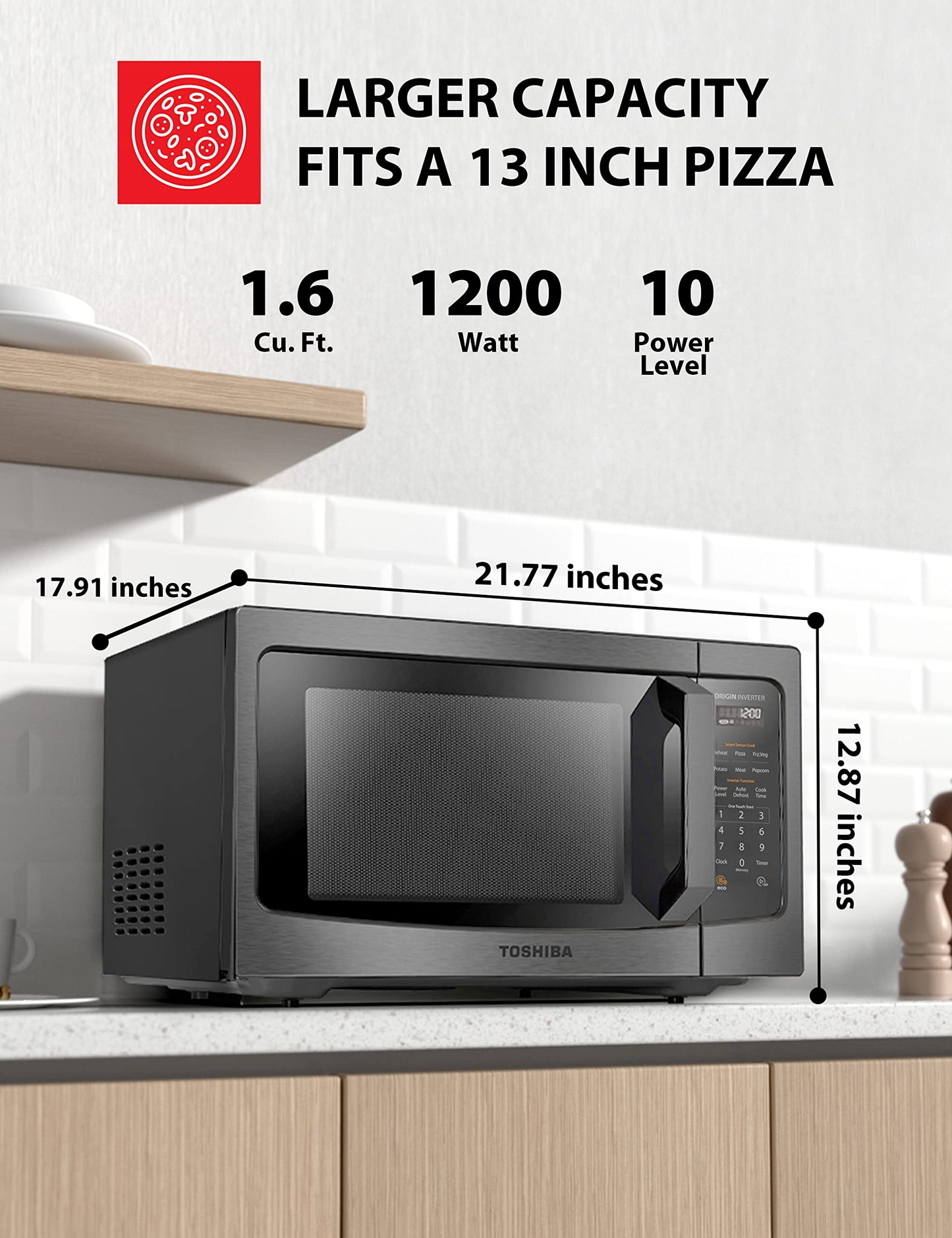 TOSHIBA EM131A5C-BS Countertop Microwave Ovens 1.2 Cu Ft, 12.4" Removable Turntable Smart Humidity Sensor 12 Auto Menus Mute Function ECO Mode Easy Clean Interior Black Color 1100W