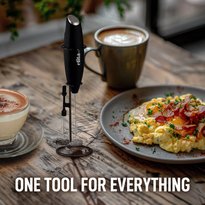 ElitaPro Powerful Milk Frother Wand - 2 in 1 Handheld Coffee Frother and Egg Beater - Mini Foam Maker With Stand - Whisk Drink Mixer & Foamer for Coffee, Latte, Matcha, Hot Chocolate (Exec Black)