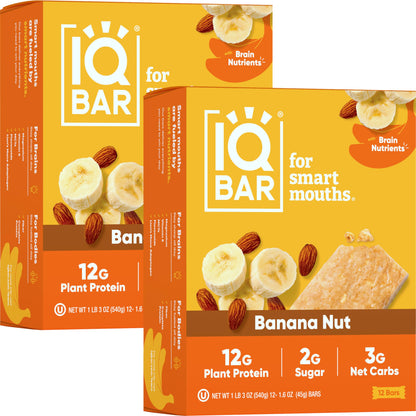 IQBAR Brain and Body Plant Protein Bars - Almond Butter Chip - 12 Count, Low Carb, High Fiber, Gluten Free, Vegan Snacks - Low Sugar Keto Energy Bars