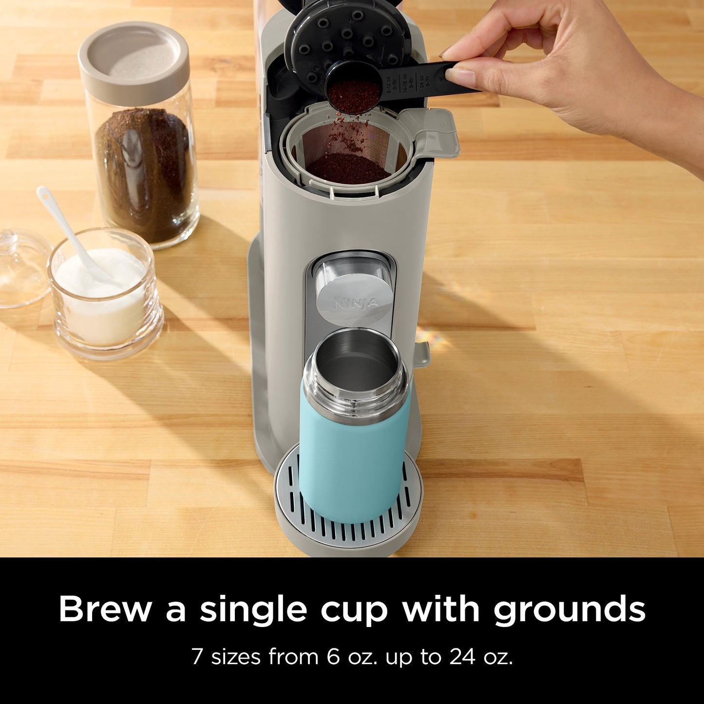 Ninja PB041ST Pods & Grounds Single-Serve Coffee Maker, K-Cup Pod Compatible, Brews Grounds, Compact Design, 56-oz. Reservoir, 6-oz. Cup to 24-oz. Travel Mug Brew Sizes, Iced Coffee Maker, Stone