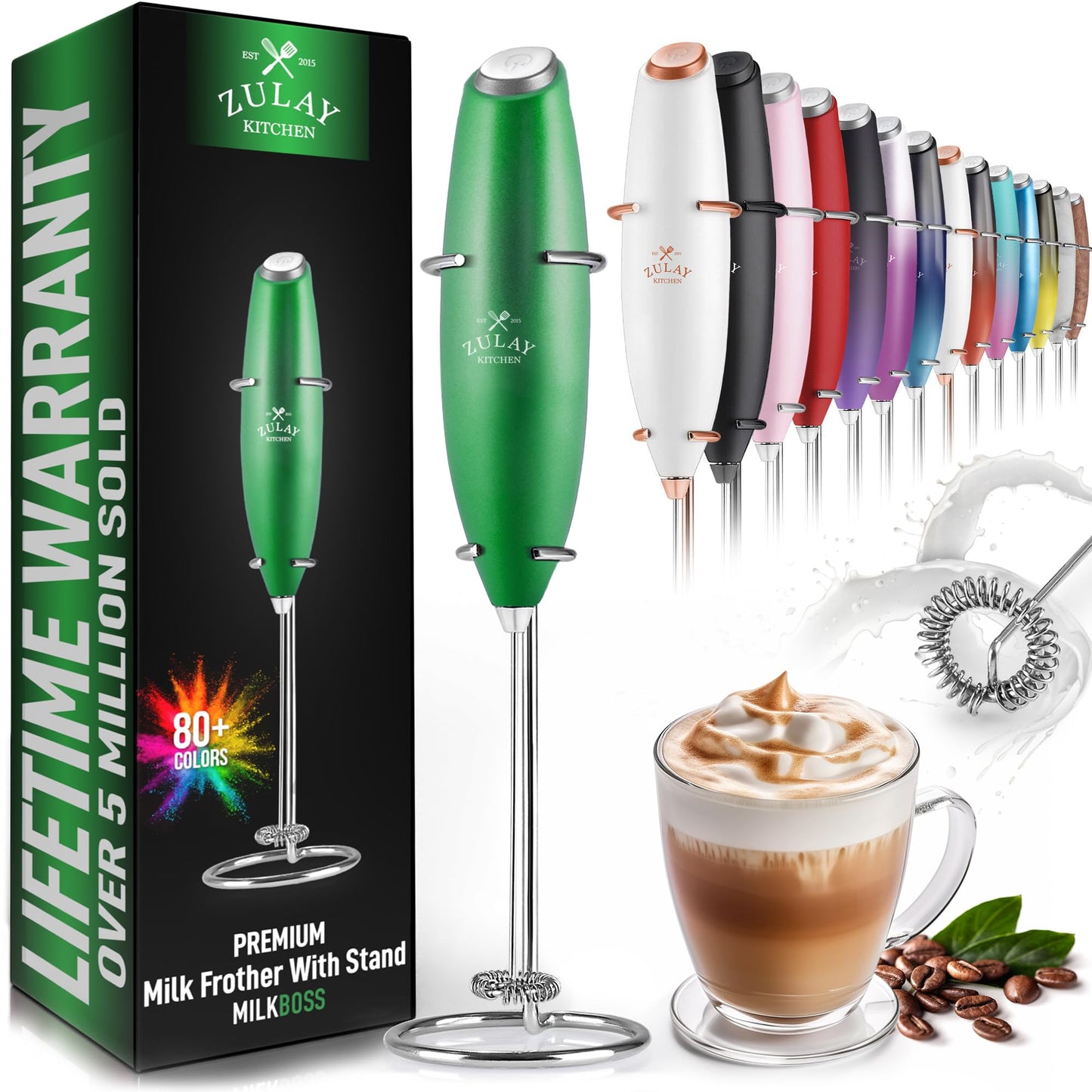 Zulay Powerful Milk Frother (4 Duracell Batteries Included) - Handheld Milk Frother Wand Drink Mixer for Coffee - Powerful Milk Foamer for Cappuccino, Frappe, Matcha & Coffee Creamer - Black