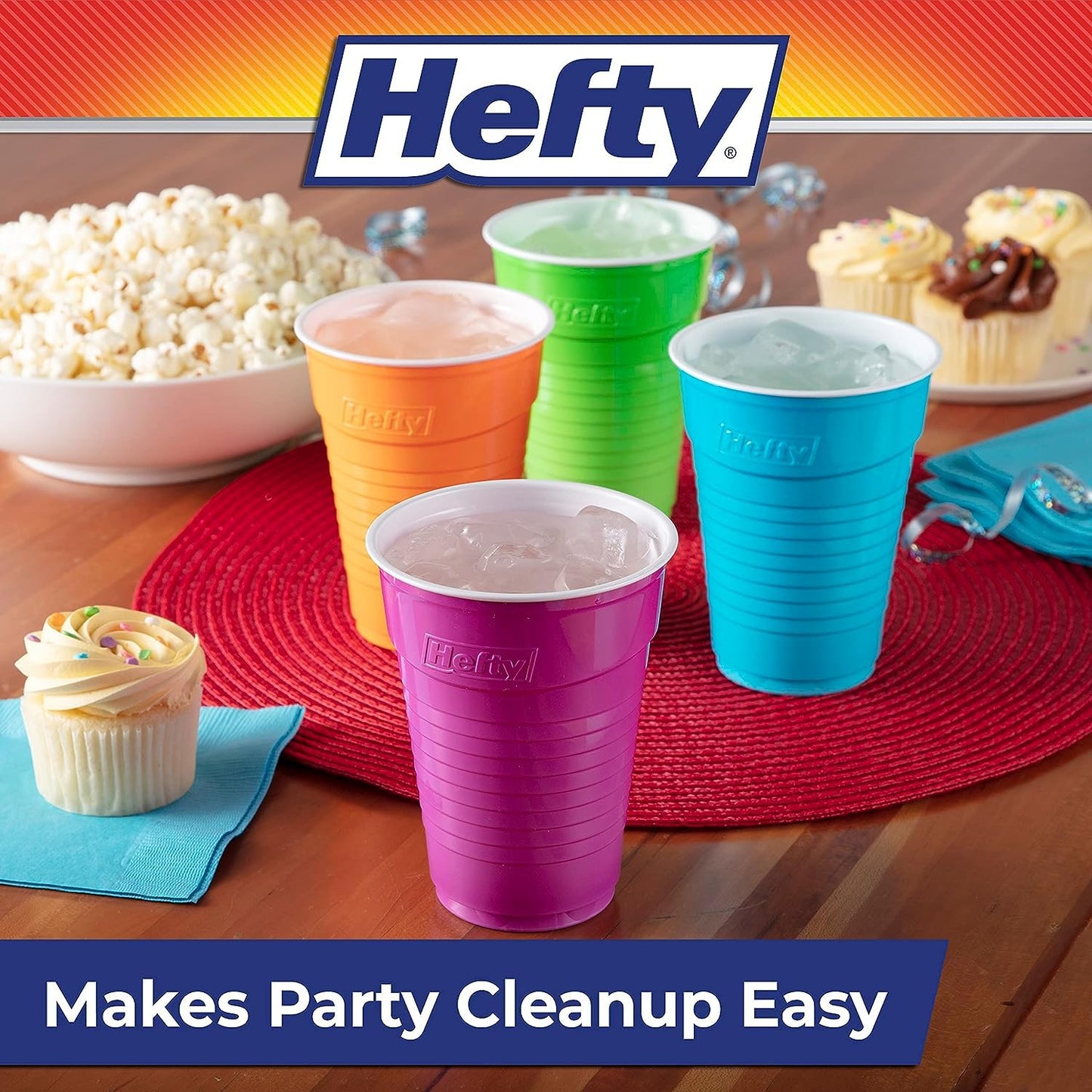 Hefty Party On Disposable Plastic Cups, Assorted, 16 Ounce, 100 Count