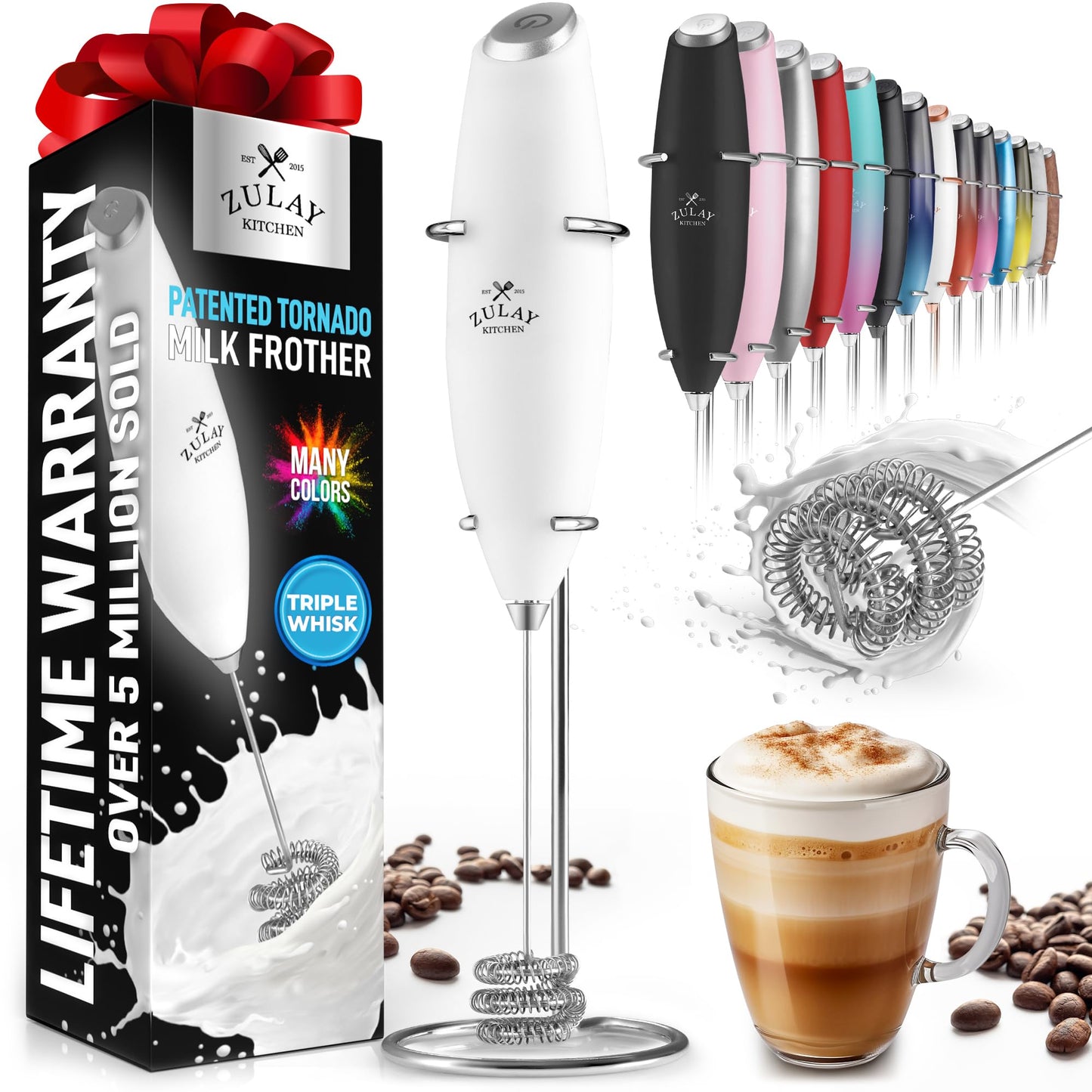 Zulay Powerful Milk Frother (4 Duracell Batteries Included) - Handheld Milk Frother Wand Drink Mixer for Coffee - Powerful Milk Foamer for Cappuccino, Frappe, Matcha & Coffee Creamer - Black