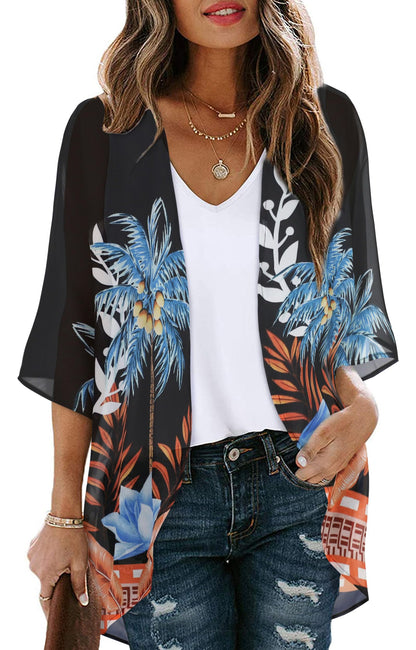 Women's Floral Print Puff Sleeve Kimono Cardigan Loose Cover Up Casual Blouse Tops