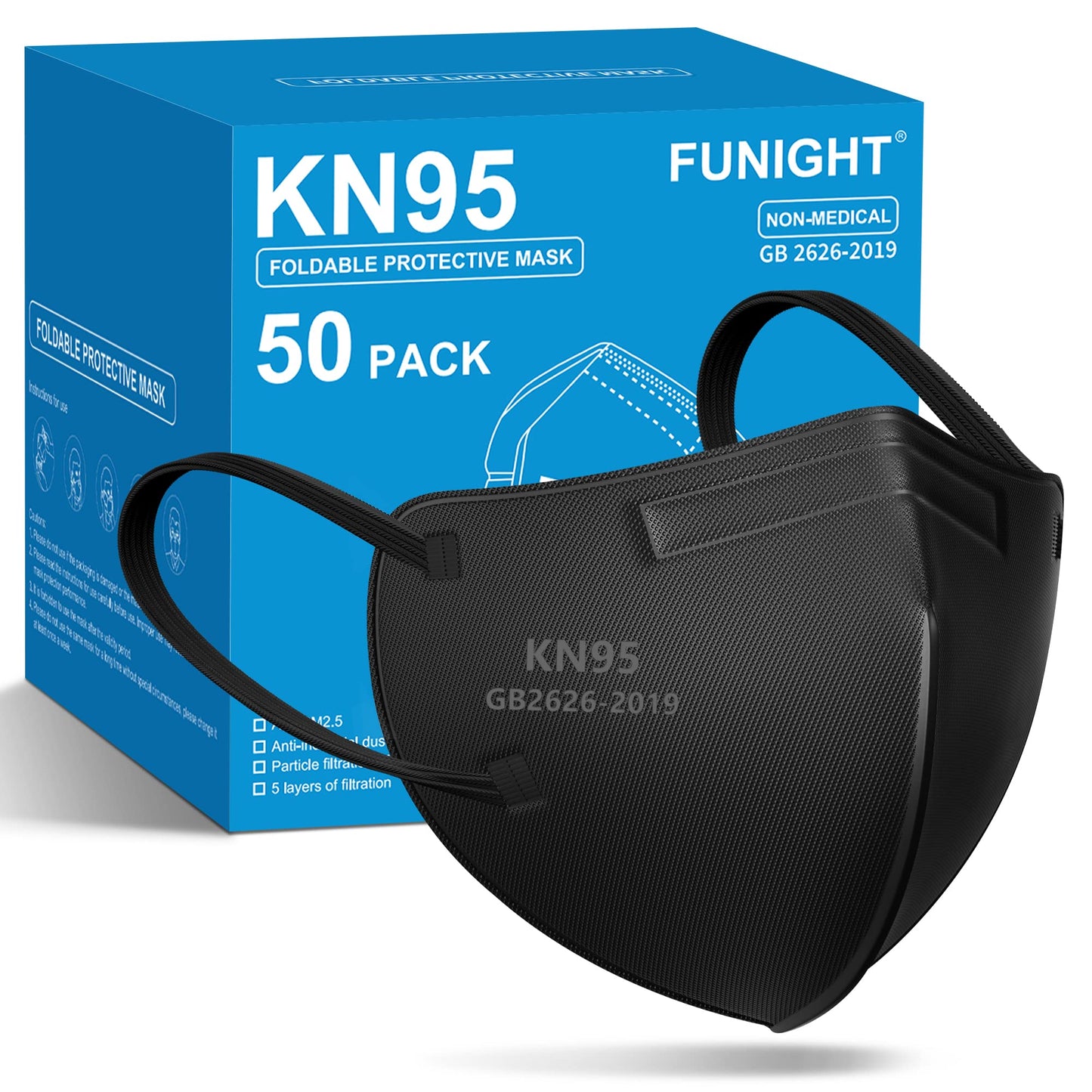 Funight KN95 Face Masks 50 Pack 5-Ply Breathable Filter Disposable Face Masks Black