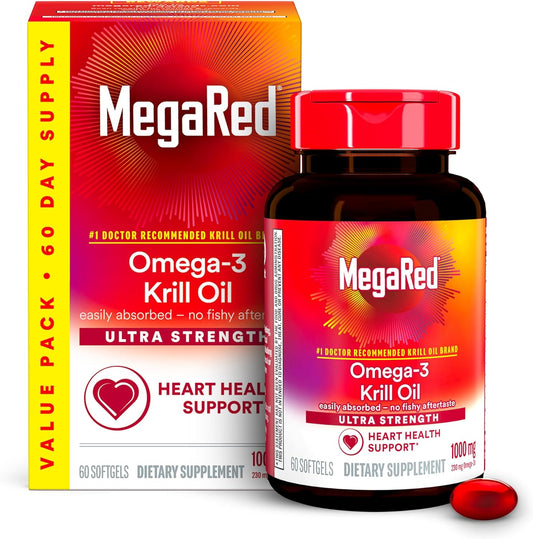 MegaRed #1 Doctor Recommended Krill Oil Brand - 1000mg Omega 3 Supplement with EPA, DHA, Astaxanthin & Phospholipids, Supports Heart, Brain, Joint and Eye Health, No Fish Aftertaste 60 Softgels