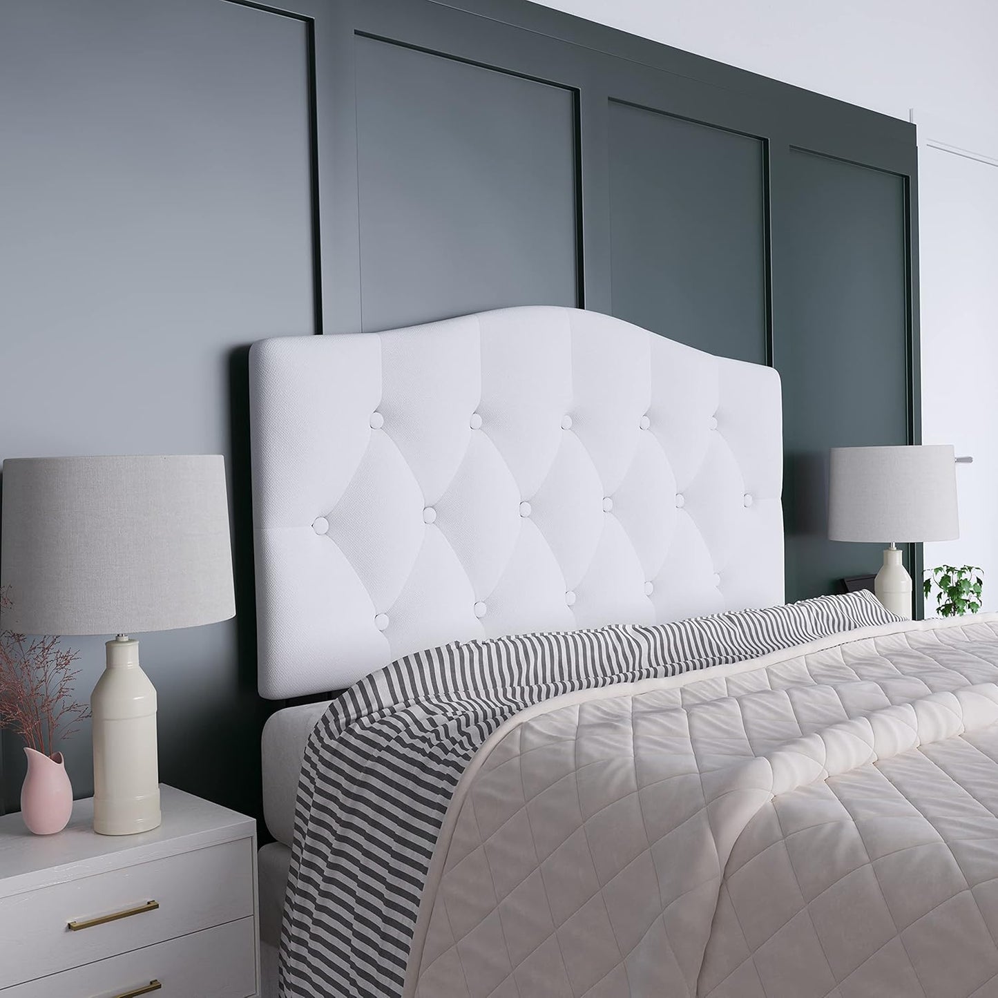 EMMA + OLIVER Tufted Upholstered Queen Size Headboard in White Fabric