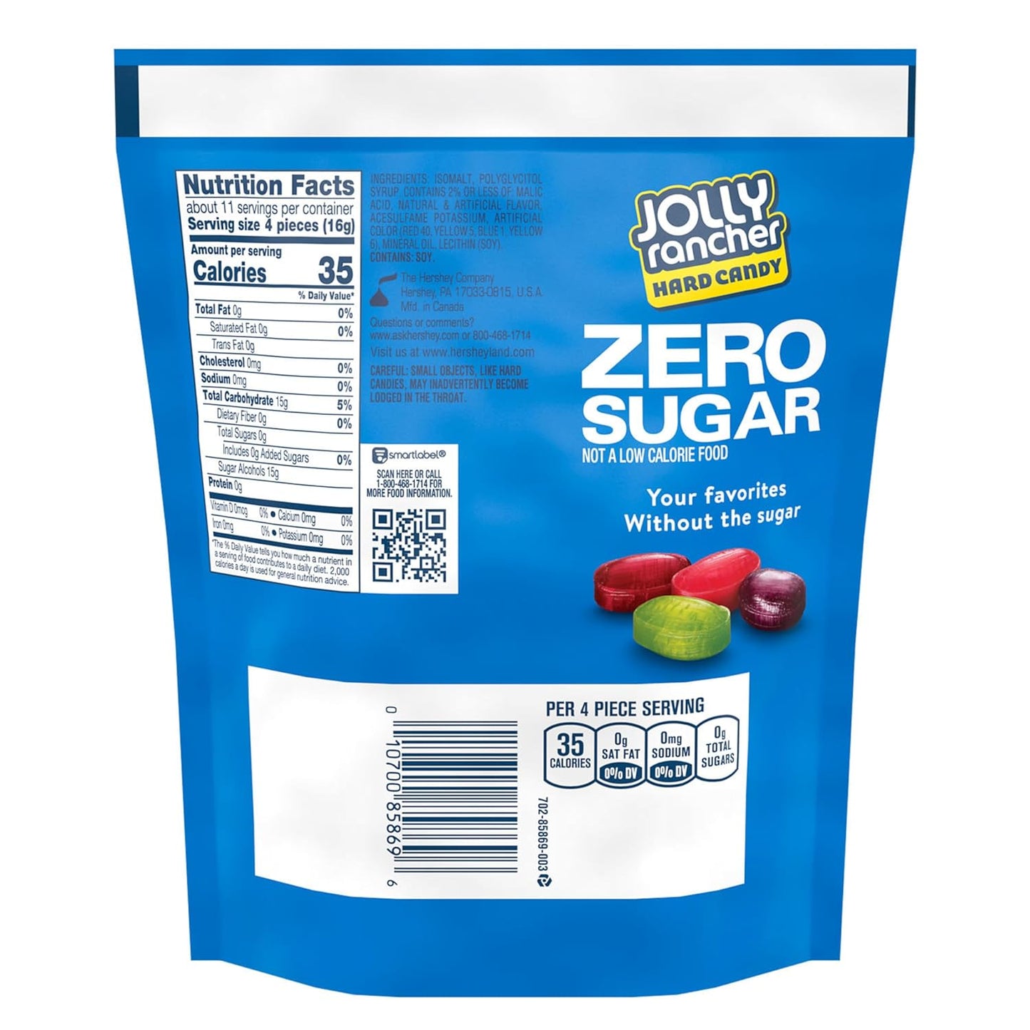 JOLLY RANCHER Zero Sugar Assorted Fruit Flavored Hard Candy Bag, 6.1 oz