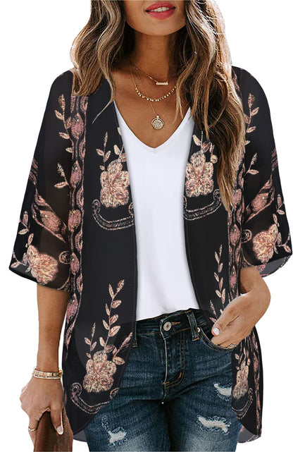 Women's Floral Print Puff Sleeve Kimono Cardigan Loose Cover Up Casual Blouse Tops