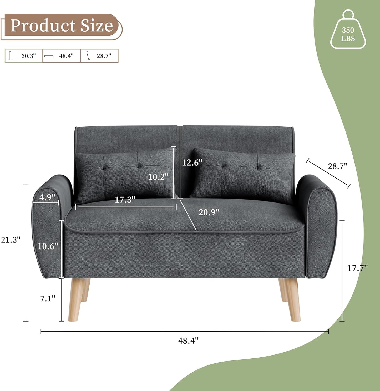 Vongrasig 47" Small Modern Loveseat Sofa, Mid Century Linen Fabric 2-Seat Couch Tufted Love Seat with Back Cushions and Tapered Wood Legs for Living Room, Bedroom and Small Space (Dark Gray)