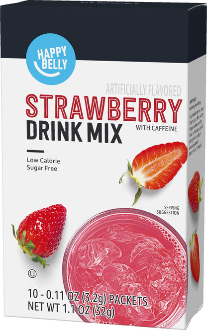 Amazon Brand - Happy Belly Drink Mix Singles, Strawberry with Caffeine, 1.1 ounce (Pack of 1) (Previously Solimo)