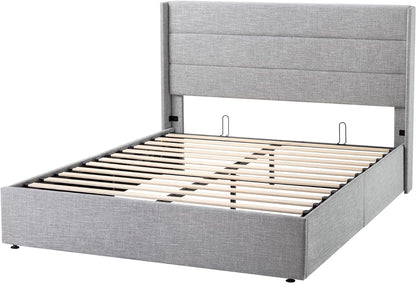 Allewie Queen Size Lift Up Storage Bed, Modern Wingback Headboard, No Box Spring Needed, Hydraulic Storage, Light Grey