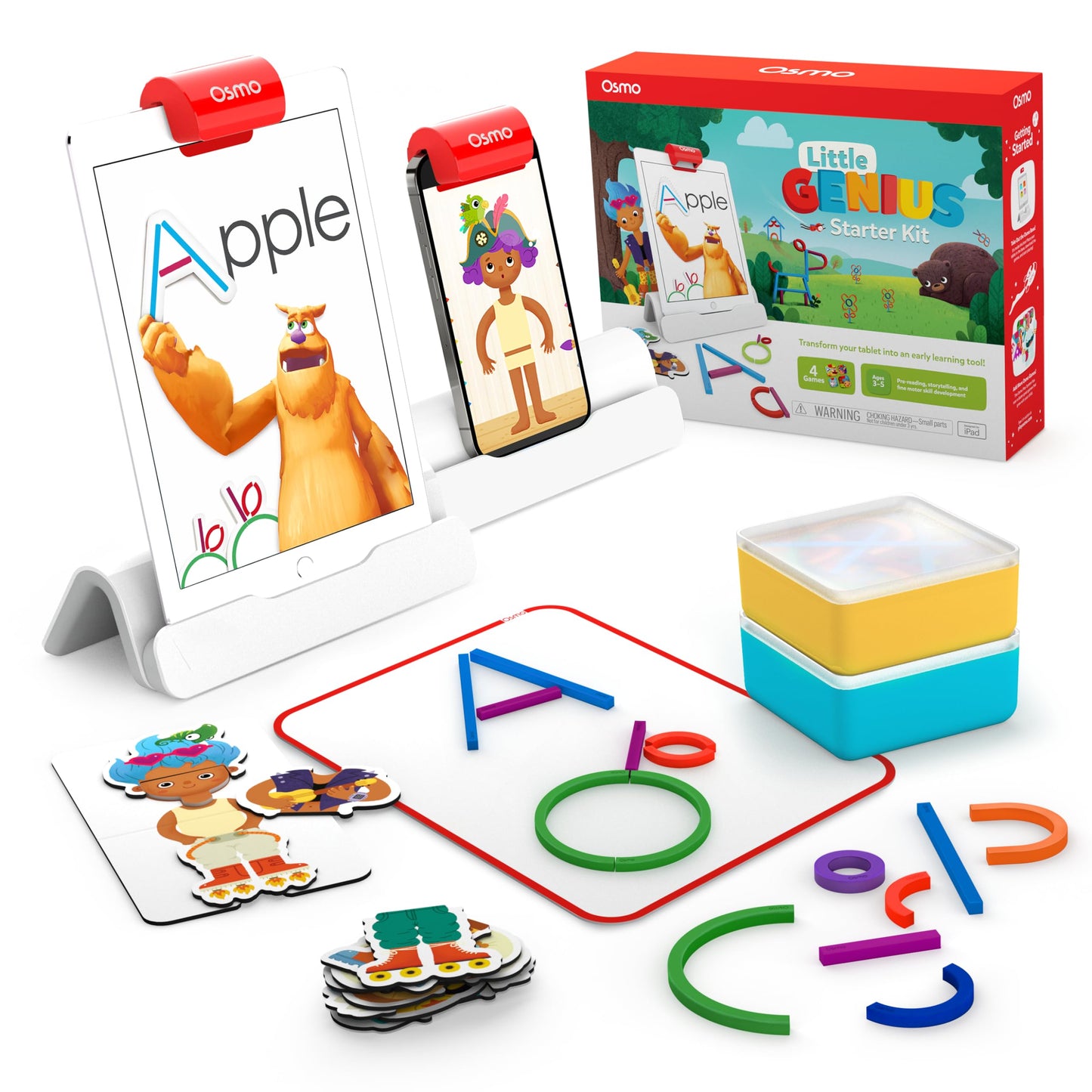 Osmo - Little Genius Starter Kit for iPad & iPhone - 4 Hands-On Learning Games - Ages 3-5 - Problem Solving, Phonics & Creativity (Osmo iPad Base Included), Multicolor