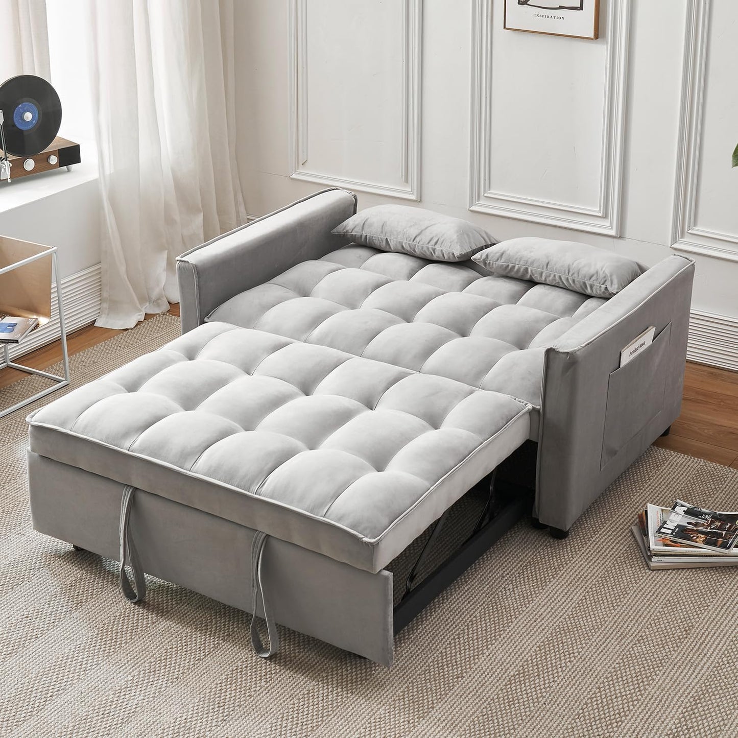 Convertible Sleeper Sofa Bed, Modern Velvet 3-in-1 Futon Couch Pullout Bed with Adjustable Backrest, Storage Pockets and Toss Pillows for Living Room, Bedroom (Grey)