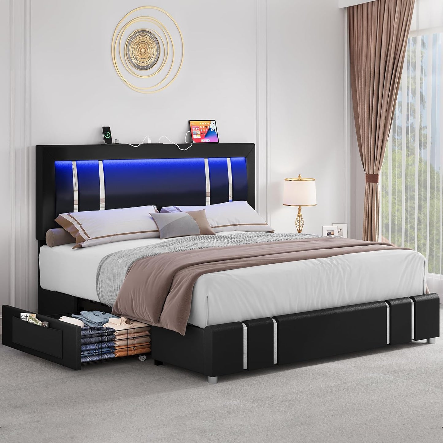 YITAHOME Queen Bed Frame with Adjustable Headboard, Upholstered Platform Bed with RGB LED Lights & 2 Storage Drawers, Glossy Silver Metal Accents, No Box Spring Needed (Black)