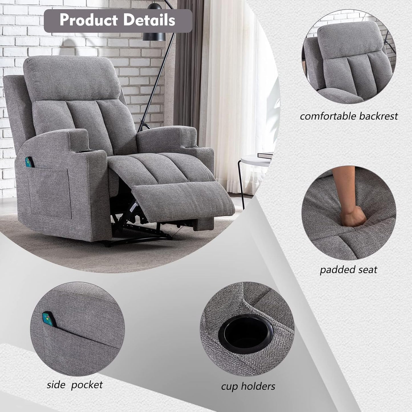 ANJ Home Manual Massage Recliner Chairs with Heat for Living Room, Overstuffed Breathable Fabric Reclining Chair with Side Pockets and Cup Holders, Single Sofa Home Theater Seating, Grey