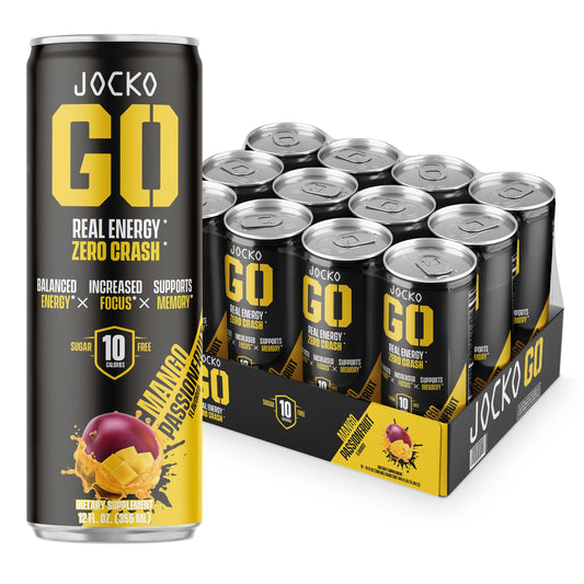 Jocko GO Energy Drink - KETO, Vitamin B12, Vitamin B6, Electrolytes, L Theanine, Magnesium- All Natural Energy Boost, Sugar Free Nootropic Monk Fruit Blend - 12 Pack (Mango Passionfruit)