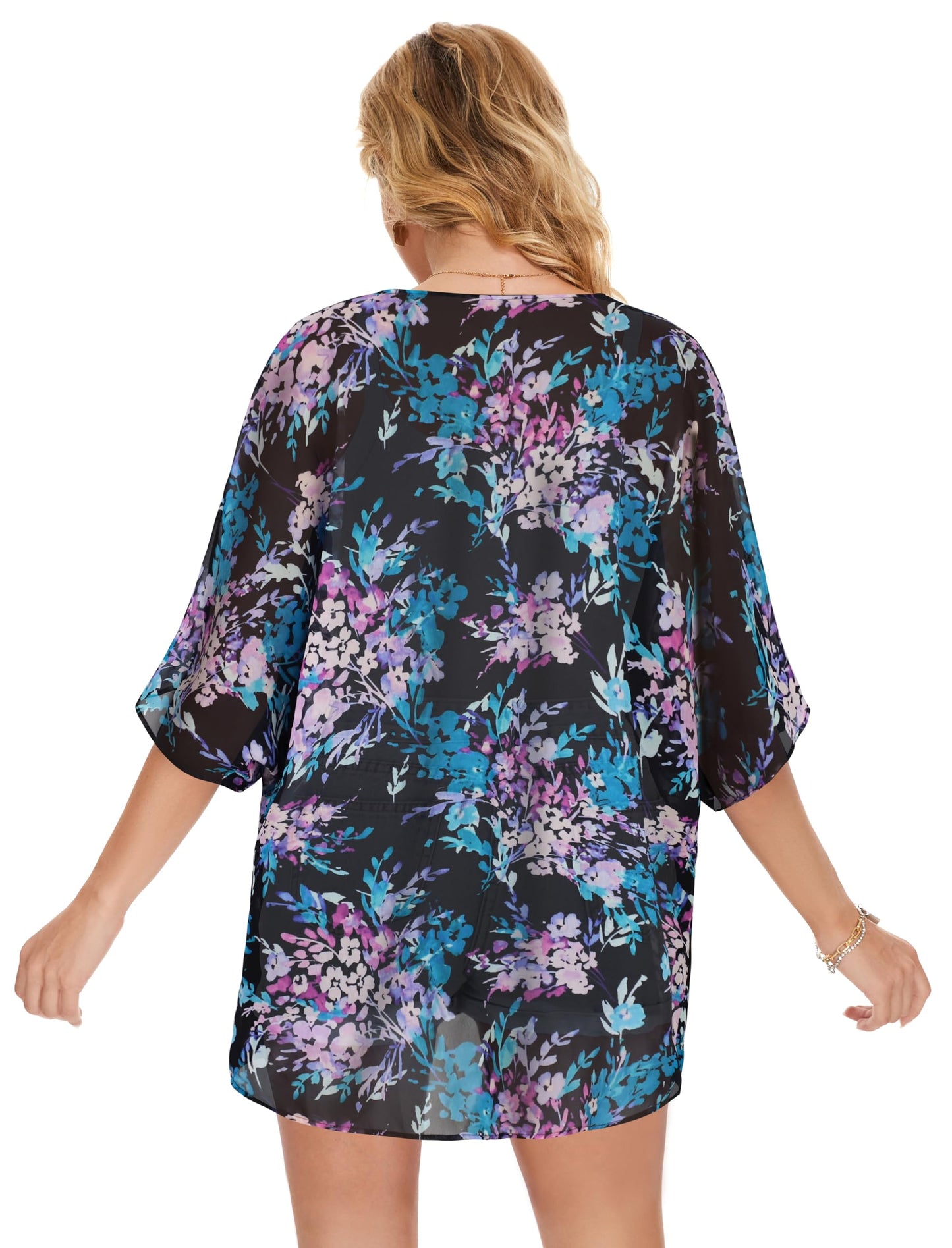 Women's Floral Print Puff Sleeve Kimono Cardigan Loose Cover Up Casual Blouse Tops