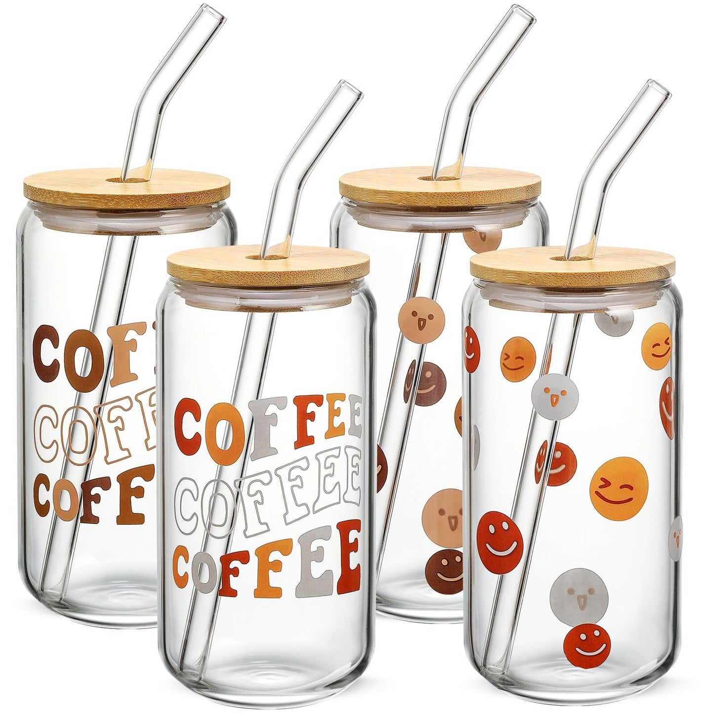 NETANY Drinking Glasses with Bamboo Lids and Glass Straw 4pcs Set - 16oz Can Shaped Glass Cups, Beer Glasses, Iced Coffee Glasses, Cute Tea Cup, Ideal for Cocktail, Whiskey, Gift - 2 Cleaning Brushes