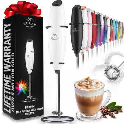 Zulay Powerful Milk Frother (4 Duracell Batteries Included) - Handheld Milk Frother Wand Drink Mixer for Coffee - Powerful Milk Foamer for Cappuccino, Frappe, Matcha & Coffee Creamer - Black