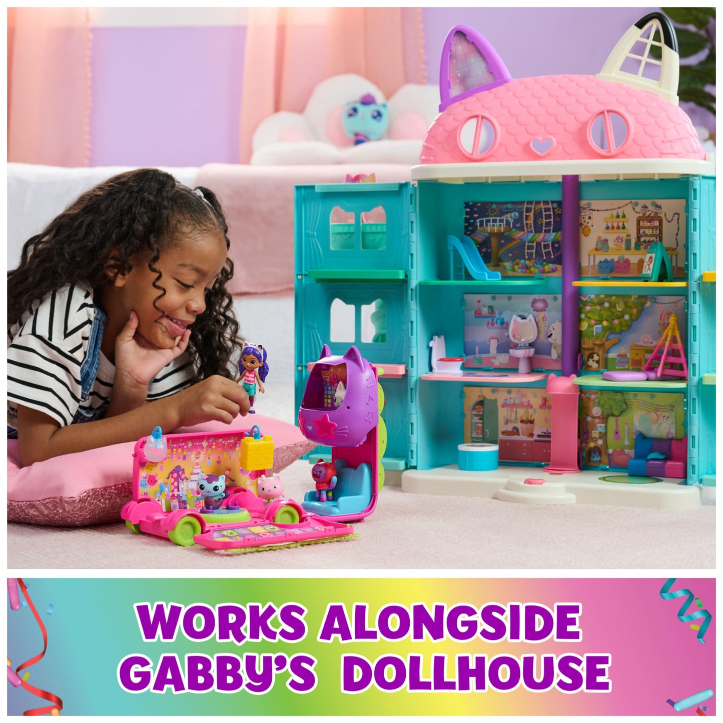 Gabby's Dollhouse Celebration Party Bus, Transforming Playset with Gabby & DJ Catnip Toy Figures & Dollhouse Accessories, Kids Toys for Ages 3 and Up