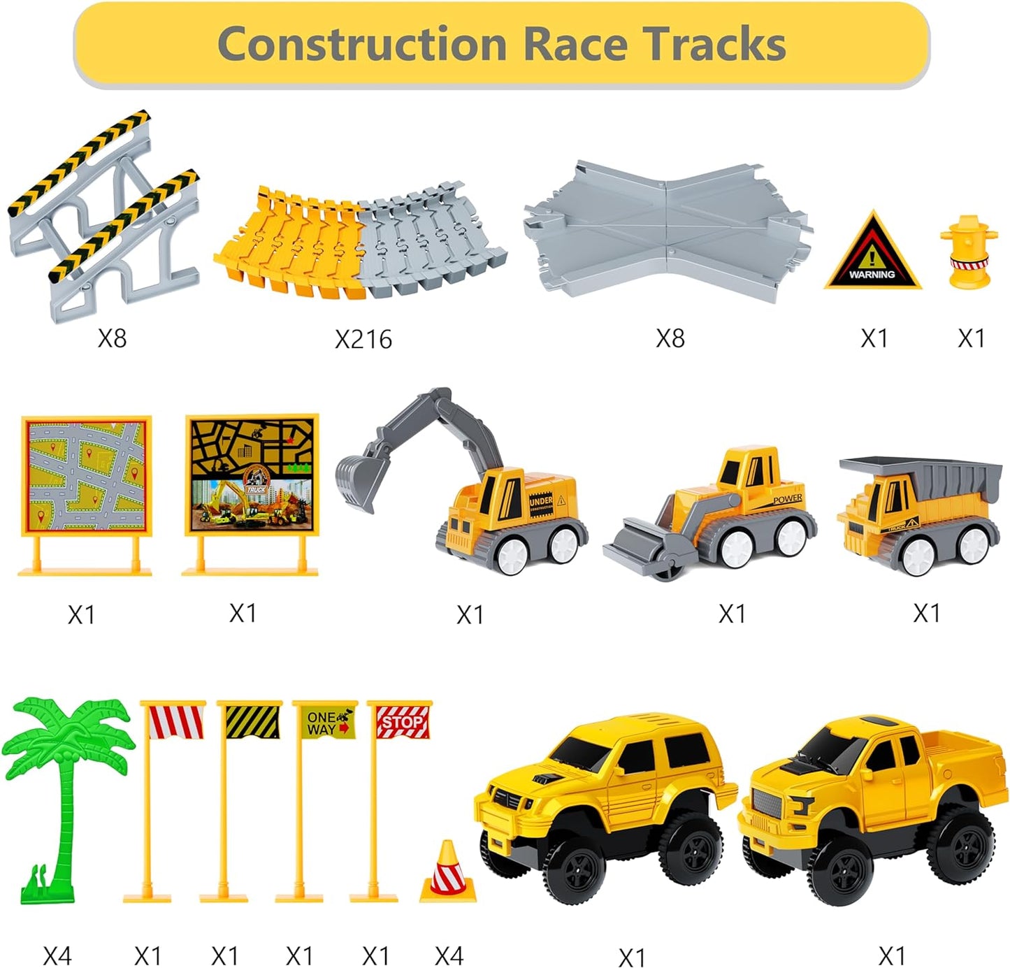 Kids Toys 253 PCS Construction Race Tracks Toy for 3 4 5 6 7 8 Year Old Boys Girls, 5 PCS Construction Truck Car and Flexible Track Play Set Create A Engineering Road Games Toddler Toys Birthday Gifts