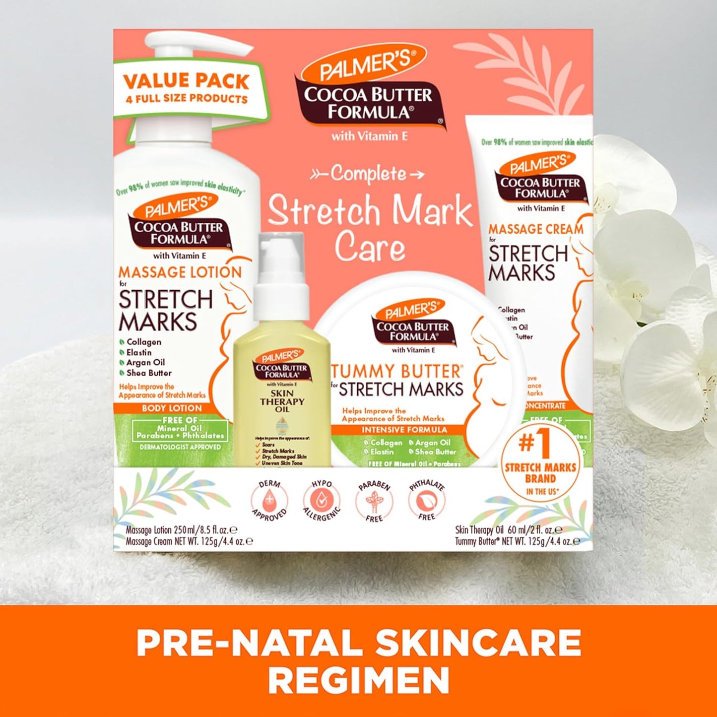 Palmer's Cocoa Butter Formula Pregnancy Skin Care Kit for Stretch Marks and Scars, Dermatologist Approved, Gift for Mom to Be, 4 Piece Full Size Set