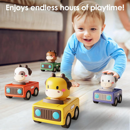 iPlay, iLearn Press and Go Car Toys for Toddlers 1-3, Baby Animal Racing Cars, Infant Play Vehicle Set, Baby Push Go Friction Car Toys for 6-9-12-18 Months, 1st Birthday Gifts for 1-2 Years Old Boys