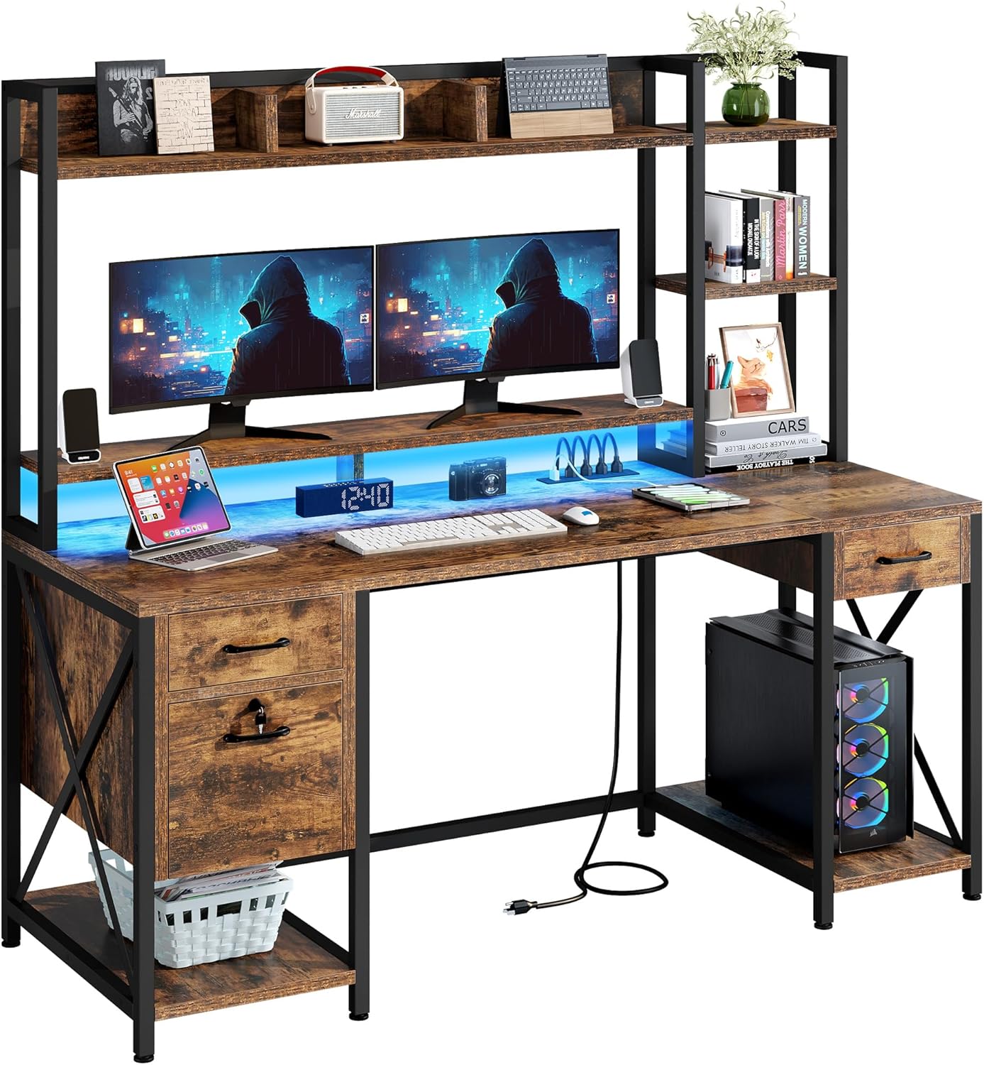 YITAHOME Computer Desk with Drawers & Power Outlets, File Drawers with Lock, 59" Home Office Desk with Storage Shelves & Monitor Stand, Gaming Desk with LED Lights & Hutch, Rustic Brown