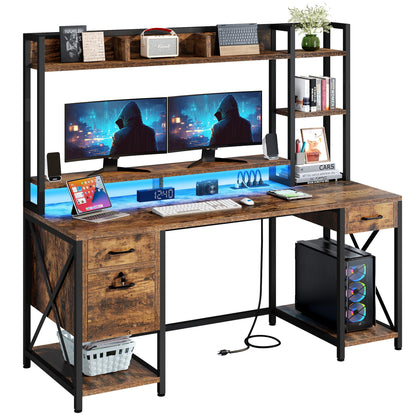 YITAHOME Computer Desk with Drawers & Power Outlets, File Drawers with Lock, 59" Home Office Desk with Storage Shelves & Monitor Stand, Gaming Desk with LED Lights & Hutch, Rustic Brown