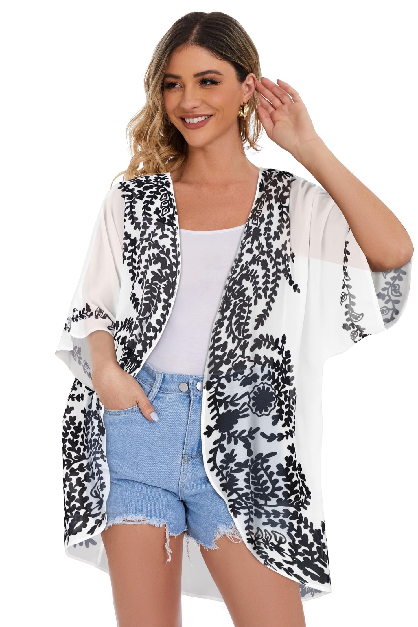 Women's Floral Print Puff Sleeve Kimono Cardigan Loose Cover Up Casual Blouse Tops