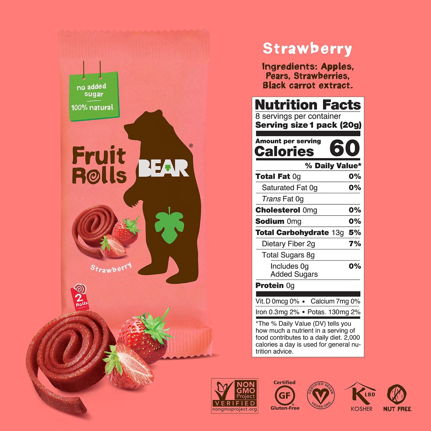 BEAR Real Fruit Snack Rolls - Gluten Free, Vegan, and Non-GMO - Strawberry – Healthy School And Lunch Snacks For Kids And Adults, 0.7 Ounce (Pack of 18)