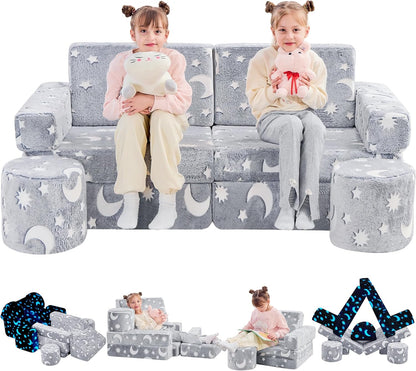 14pcs Modular Kids Play Couch, Kids Couch Toddler Couch, Child Sectional Sofa, Bedroom and Playroom Furniture for Toddlers, Blue Glow, Convertible Foam and Floor Cushion for Boys and Girls, Gray