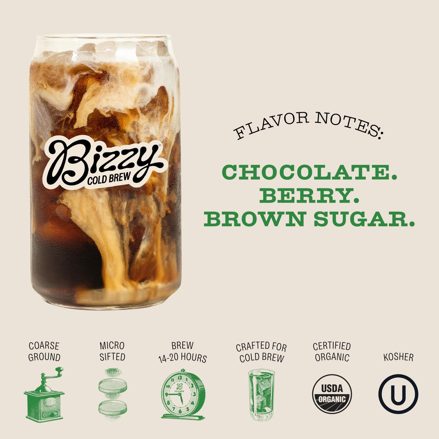 Bizzy Organic Cold Brew Coffee | Smooth & Sweet Blend | Coarse Ground Coffee | Micro Sifted | Specialty Grade | 100% Arabica | 1 LB