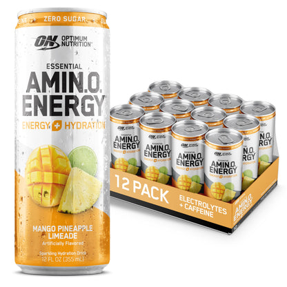 Optimum Nutrition Amino Energy Sparkling Hydration Drink, Electrolytes, Caffeine, Amino Acids, BCAAs, Sugar Free, Juicy Strawberry, 12 Fl Oz, 12 Pack (Packaging May Vary)