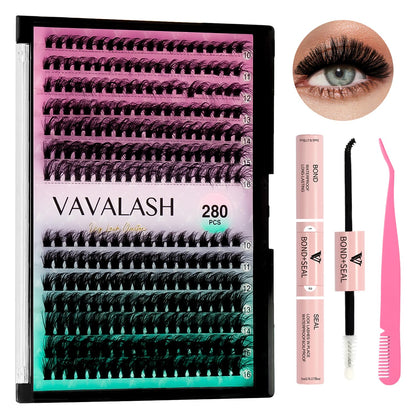 VAVALASH DIY Lash Extension Kit 280 Clusters Individual Lashes Kit 30D 40D 0.07D-10-16mm Lash Clusters, Lash Bond and Seal, Lash Tweezer for DIY Eyelash Extension at Home（Kit-30D+40D-0.07D-10-16MIX）