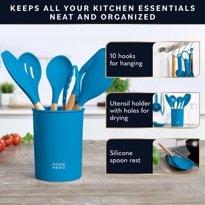 Home Hero 33 Pcs Silicone Kitchen Utensils Set, Non-Stick Silicone Cooking Utensils Set with Spatula, Wooden Handle Spatula, Silicone Kitchen Gadgets Utensil Set (33 Pcs - Blue)