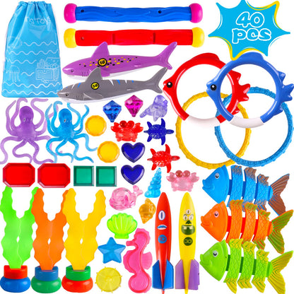 30 Packs Summer Pool Diving Swimming Essentials Toys for Kids, Fun Swim Games Sinking Set, Underwater Dive Gifts with Storage Bag Include Torpedo Gems Shark Rings Sea Animals for Boys Girls Toddlers