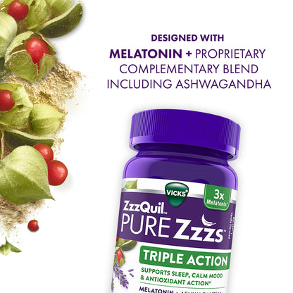 ZzzQuil PURE Zzzs Triple Action, 6mg Melatonin Gummies, 3X Melatonin Sleep Aid with Ashwagandha, Calm Mood & Antioxidant Action, Sleep Aid for Adults, 6 mg per serving, 60 Count